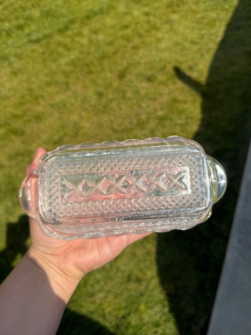 Anchor Hocking Wexford covered butter dish with small chip